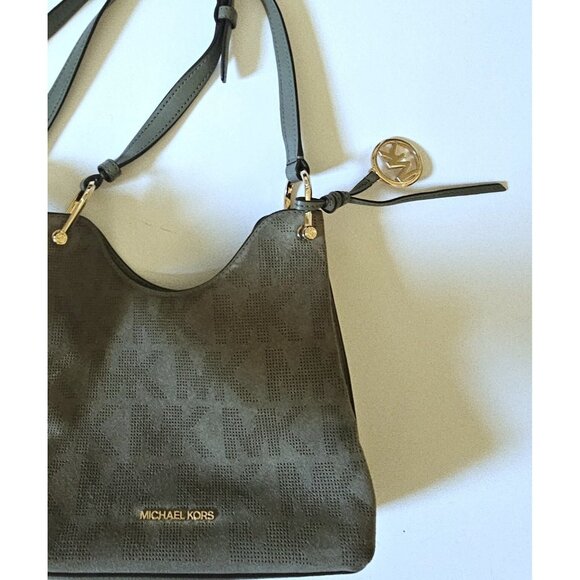 Michael Kors Joan Small Green Perforated Suede Leather Slouchy Messenger - Picture 3 of 7